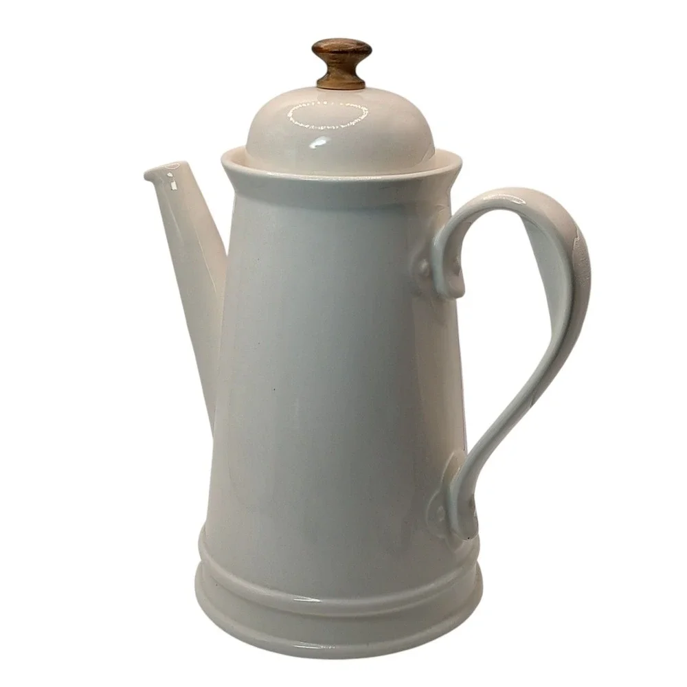 Vintage Stoneware Coffee Pot with Lid White Wooden Knob on Lid Ten Inch Six Cups